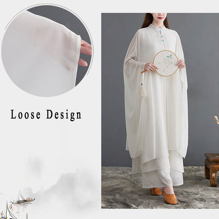 Buddha Stones 2Pcs Grenouille Boutonnée Manches Longues Robe Midi Pantalon Large Mousseline Zen Ensemble Femme - image 8