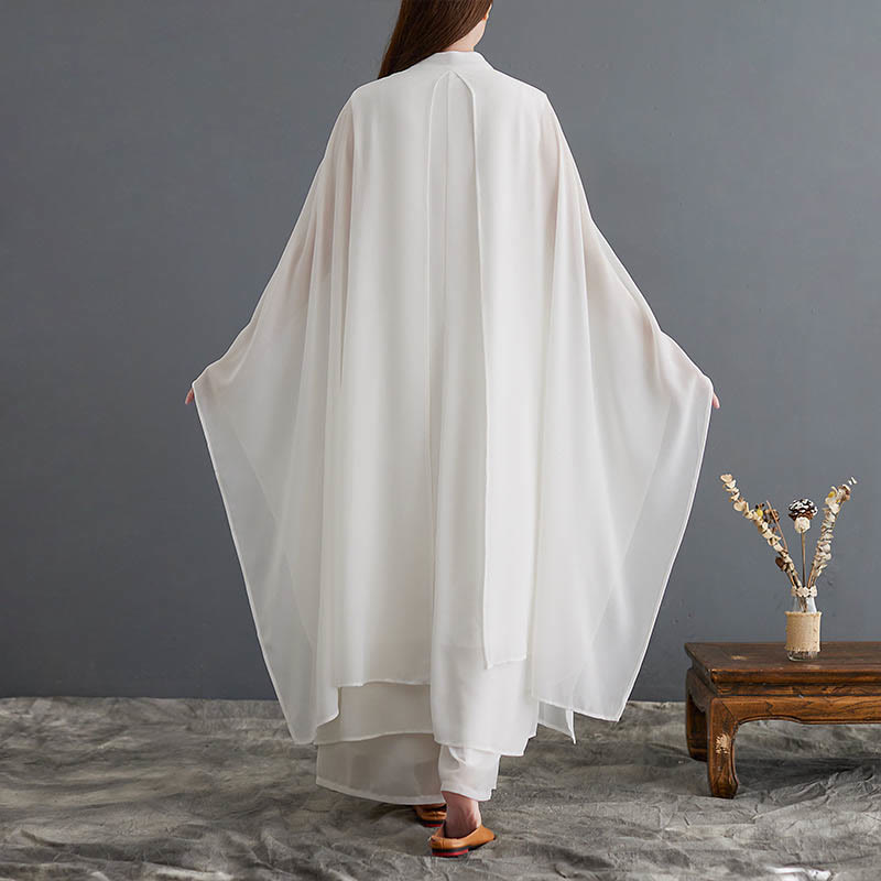 Buddha Stones 2Pcs Grenouille Boutonnée Manches Longues Robe Midi Pantalon Large Mousseline Zen Ensemble Femme - image 2