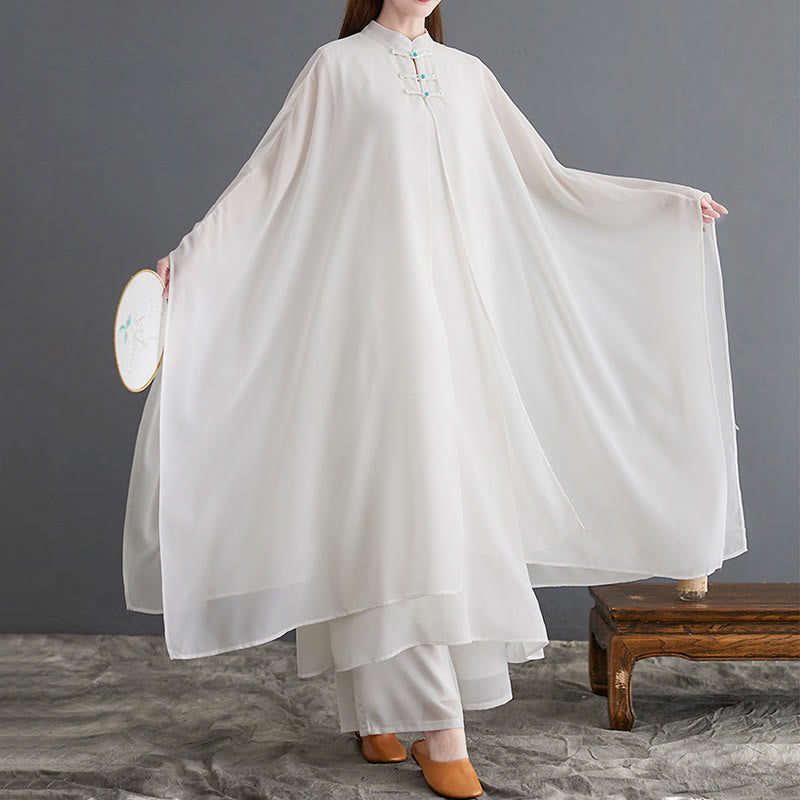 Buddha Stones 2Pcs Grenouille Boutonnée Manches Longues Robe Midi Pantalon Large Mousseline Zen Ensemble Femme - image 5