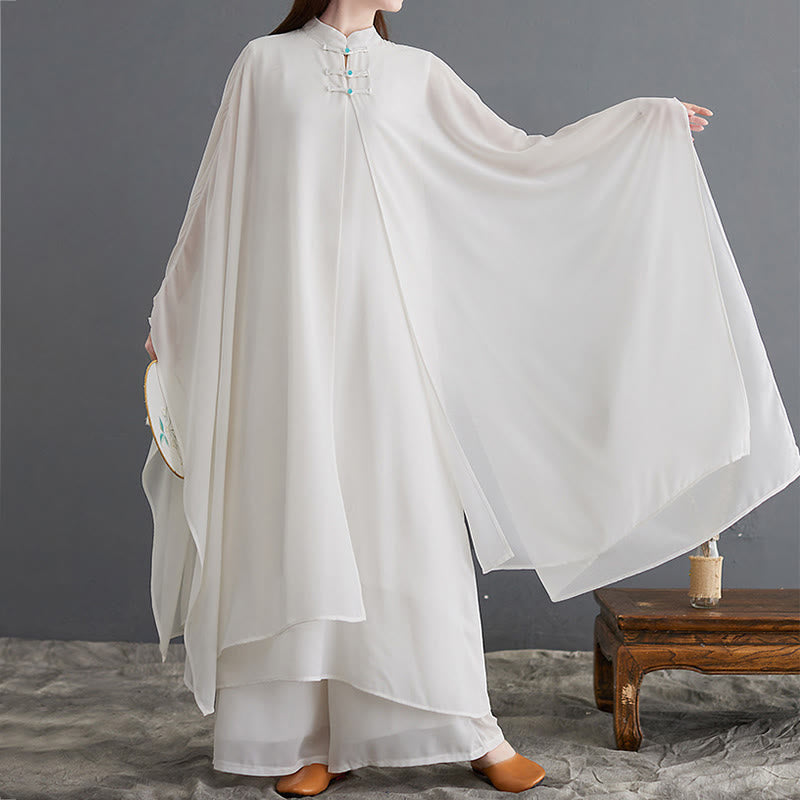 Buddha Stones 2Pcs Grenouille Boutonnée Manches Longues Robe Midi Pantalon Large Mousseline Zen Ensemble Femme - image 6