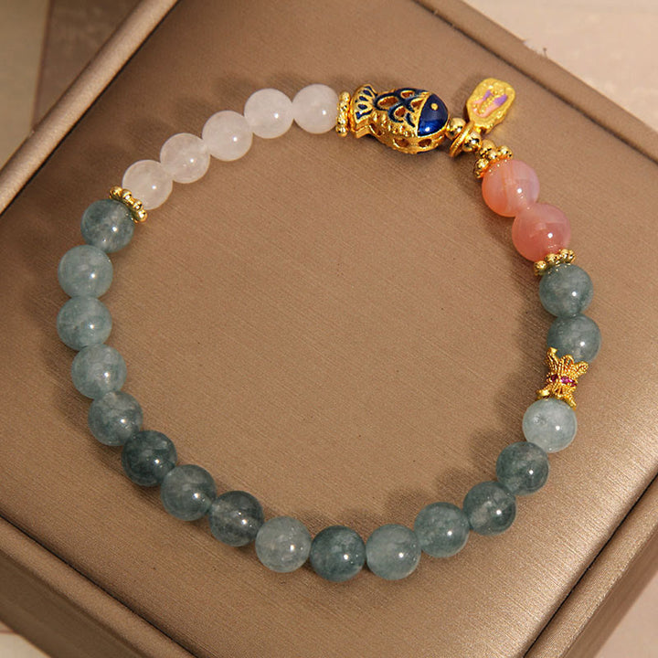Bracelet porte-bonheur en jade et agate Yanyuan en Buddha Stones, jade blanc, poisson koï