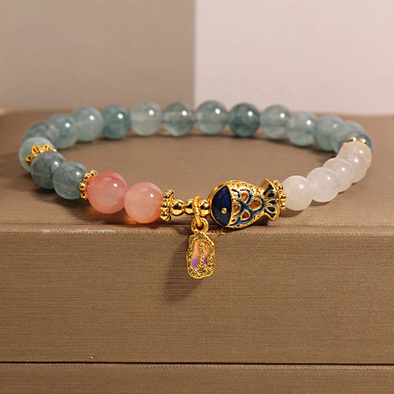 Bracelet porte-bonheur en jade et agate Yanyuan en Buddha Stones, jade blanc, poisson koï