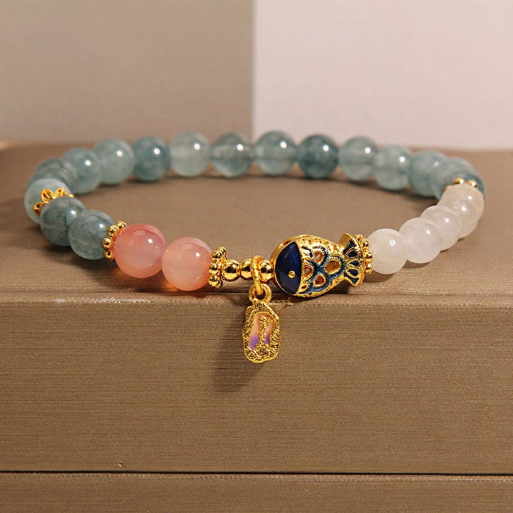 Bracelet porte-bonheur en jade et agate Yanyuan en Buddha Stones, jade blanc, poisson koï