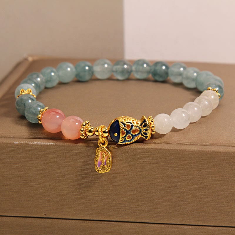 Bracelet porte-bonheur en jade et agate Yanyuan en Buddha Stones, jade blanc, poisson koï