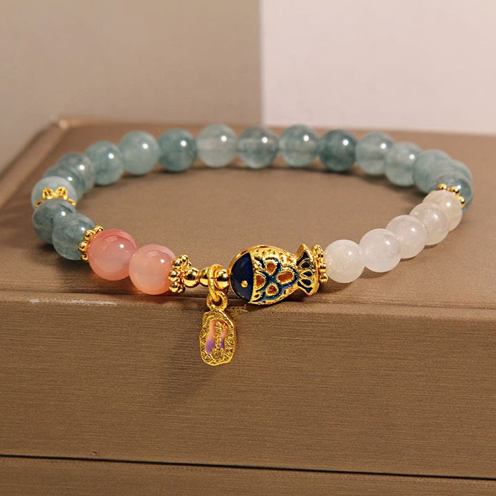 Bracelet porte-bonheur en jade et agate Yanyuan en Buddha Stones, jade blanc, poisson koï