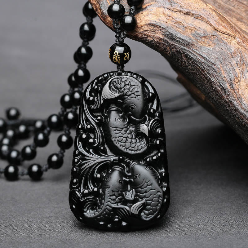 Collier avec pendentif en perles de force gravées en obsidienne noire et poisson Koi de Buddha Stones - image 8