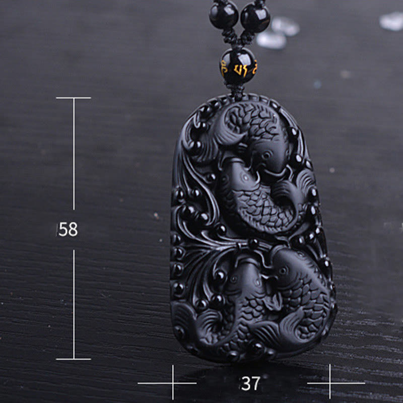 Collier avec pendentif en perles de force gravées en obsidienne noire et poisson Koi de Buddha Stones - image 16