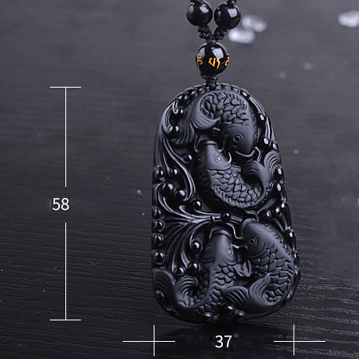Collier avec pendentif en perles de force gravées en obsidienne noire et poisson Koi de Buddha Stones - image 16
