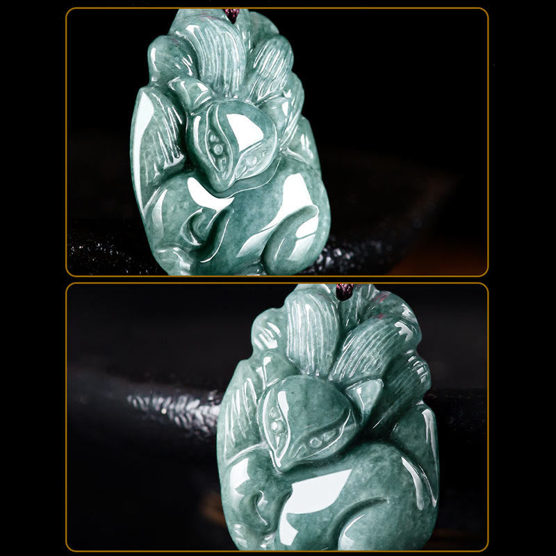 Buddha Stones Pendentif en jade vert naturel Renard à neuf queues Gravé Collier Prospérité