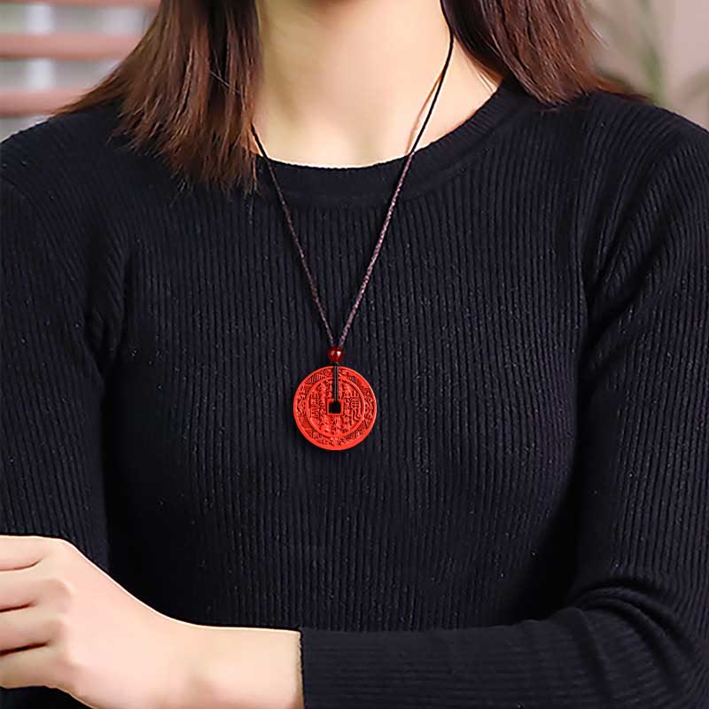 Buddha Stones Cinabre Naturel Fantômes de Montagne Dépenser de l'Argent Bagua Design Collier Pendentif Bénédiction