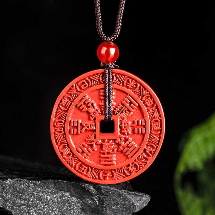 Buddha Stones Cinabre Naturel Fantômes de Montagne Dépenser de l'Argent Bagua Design Collier Pendentif Bénédiction