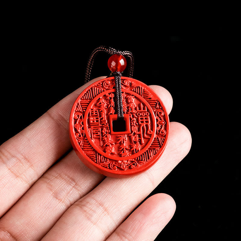 Buddha Stones Cinabre Naturel Fantômes de Montagne Dépenser de l'Argent Bagua Design Collier Pendentif Bénédiction