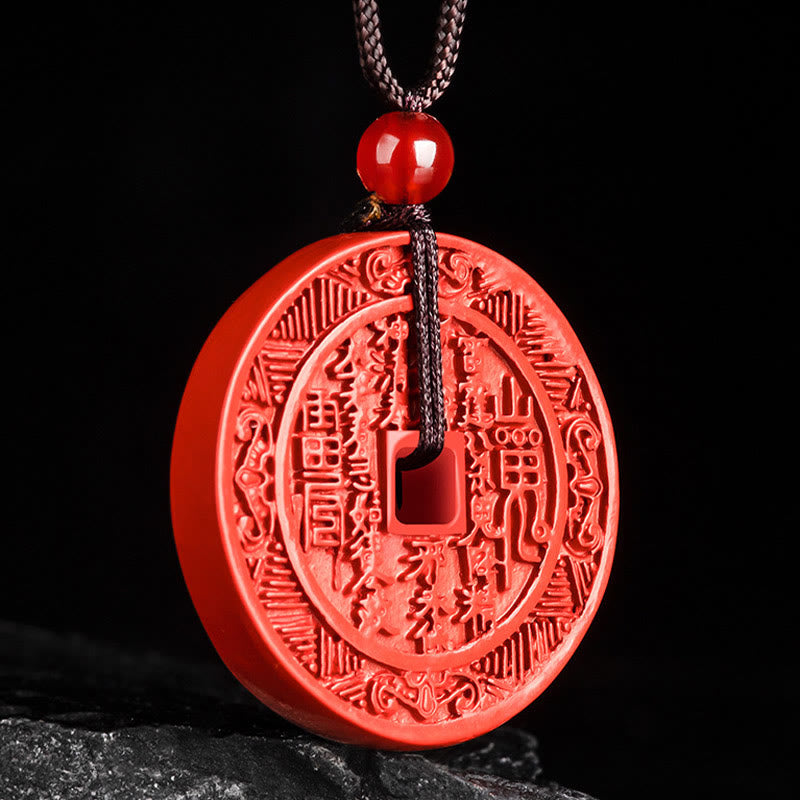 Buddha Stones Cinabre Naturel Fantômes de Montagne Dépenser de l'Argent Bagua Design Collier Pendentif Bénédiction