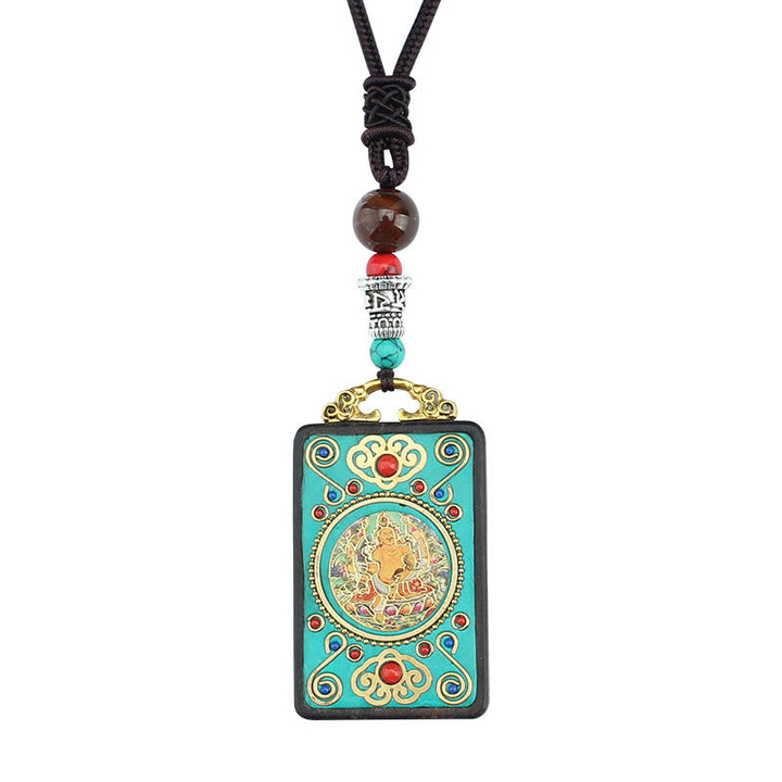 Buddha Stones Tibet Dieu de la richesse Arbre d'argent Phénix doré Thangka Collier pendentif en ébène pour la paix
