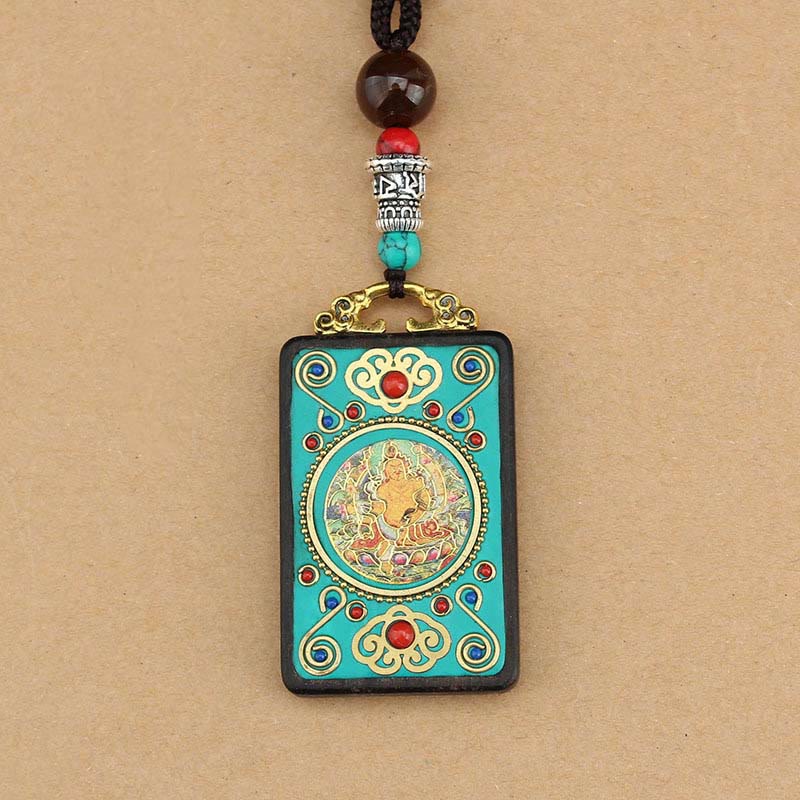 Buddha Stones Tibet Dieu de la richesse Arbre d'argent Phénix doré Thangka Collier pendentif en ébène pour la paix
