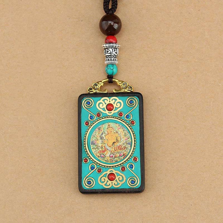 Buddha Stones Tibet Dieu de la richesse Arbre d'argent Phénix doré Thangka Collier pendentif en ébène pour la paix