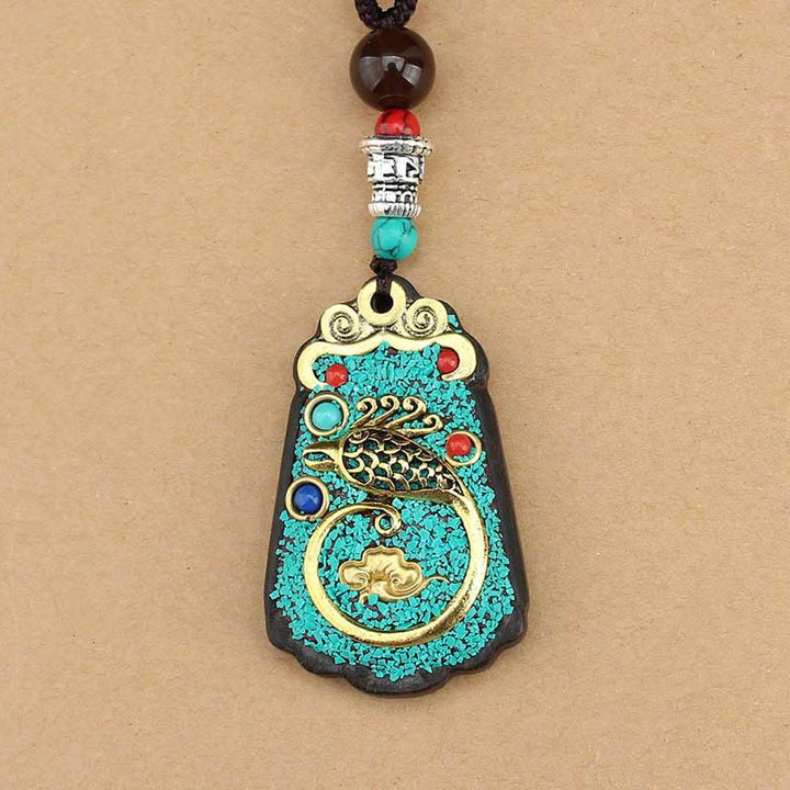 Buddha Stones Tibet Dieu de la richesse Arbre d'argent Phénix doré Thangka Collier pendentif en ébène pour la paix
