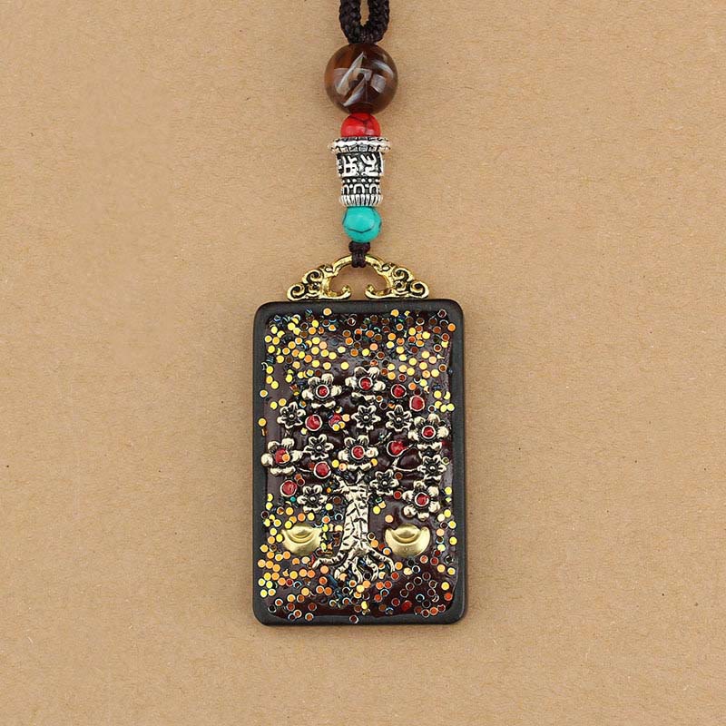 Buddha Stones Tibet Dieu de la richesse Arbre d'argent Phénix doré Thangka Collier pendentif en ébène pour la paix