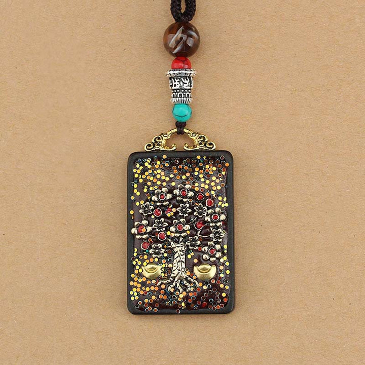 Buddha Stones Tibet Dieu de la richesse Arbre d'argent Phénix doré Thangka Collier pendentif en ébène pour la paix