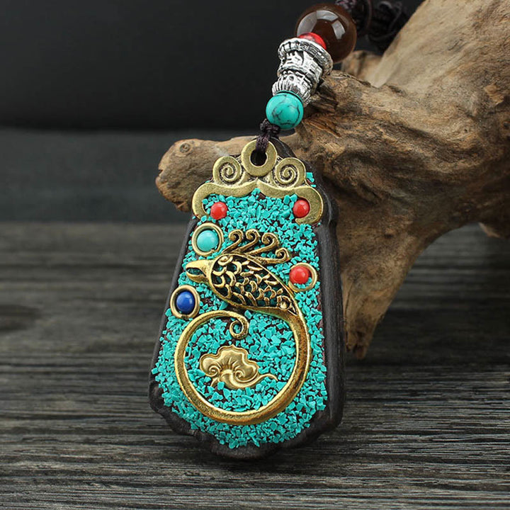 Buddha Stones Tibet Dieu de la richesse Arbre d'argent Phénix doré Thangka Collier pendentif en ébène pour la paix