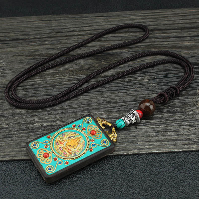 Buddha Stones Tibet Dieu de la richesse Arbre d'argent Phénix doré Thangka Collier pendentif en ébène pour la paix