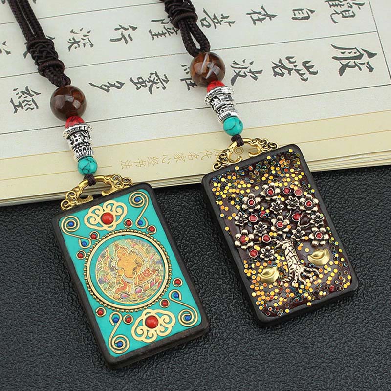 Buddha Stones Tibet Dieu de la richesse Arbre d'argent Phénix doré Thangka Collier pendentif en ébène pour la paix