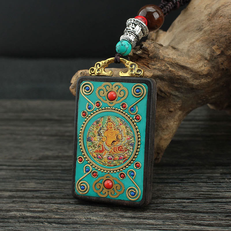 Buddha Stones Tibet Dieu de la richesse Arbre d'argent Phénix doré Thangka Collier pendentif en ébène pour la paix
