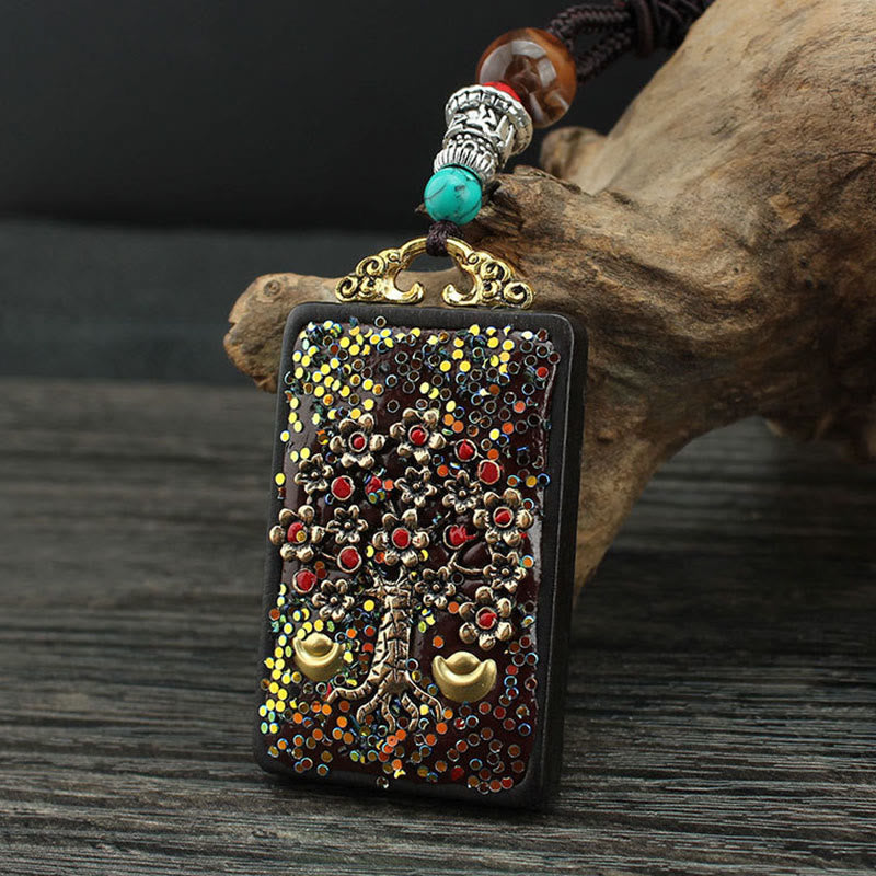 Buddha Stones Tibet Dieu de la richesse Arbre d'argent Phénix doré Thangka Collier pendentif en ébène pour la paix