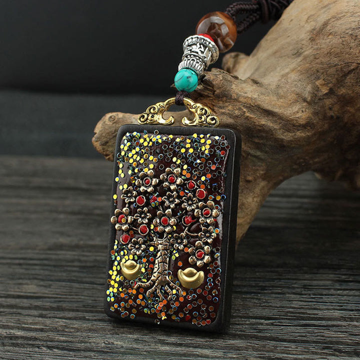 Buddha Stones Tibet Dieu de la richesse Arbre d'argent Phénix doré Thangka Collier pendentif en ébène pour la paix