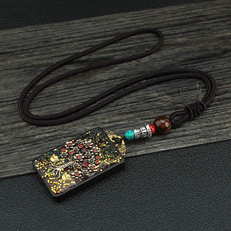 Buddha Stones Tibet Dieu de la richesse Arbre d'argent Phénix doré Thangka Collier pendentif en ébène pour la paix