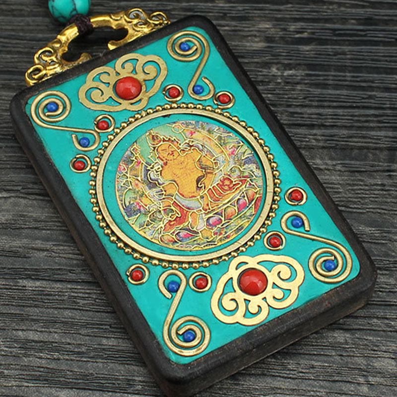 Buddha Stones Tibet Dieu de la richesse Arbre d'argent Phénix doré Thangka Collier pendentif en ébène pour la paix