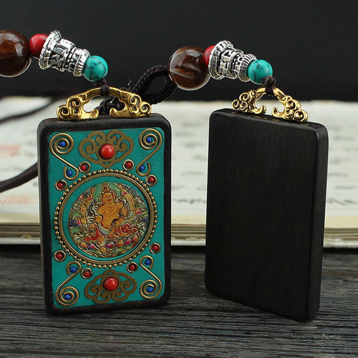 Buddha Stones Tibet Dieu de la richesse Arbre d'argent Phénix doré Thangka Collier pendentif en ébène pour la paix