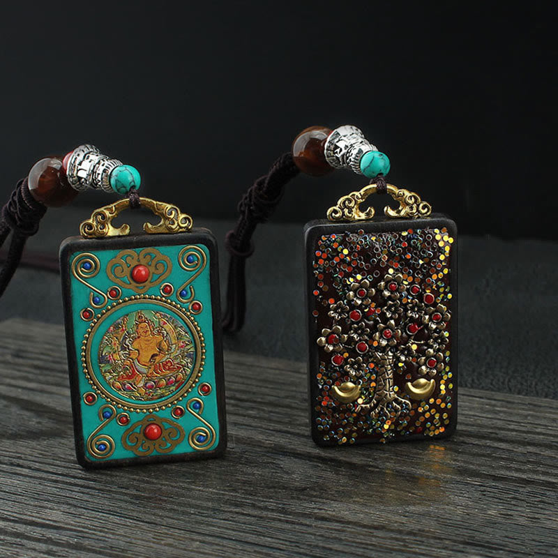 Buddha Stones Tibet Dieu de la richesse Arbre d'argent Phénix doré Thangka Collier pendentif en ébène pour la paix - image 0