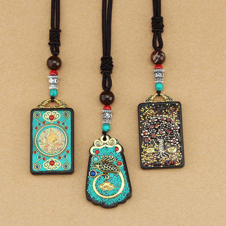 Buddha Stones Tibet Dieu de la richesse Arbre d'argent Phénix doré Thangka Collier pendentif en ébène pour la paix