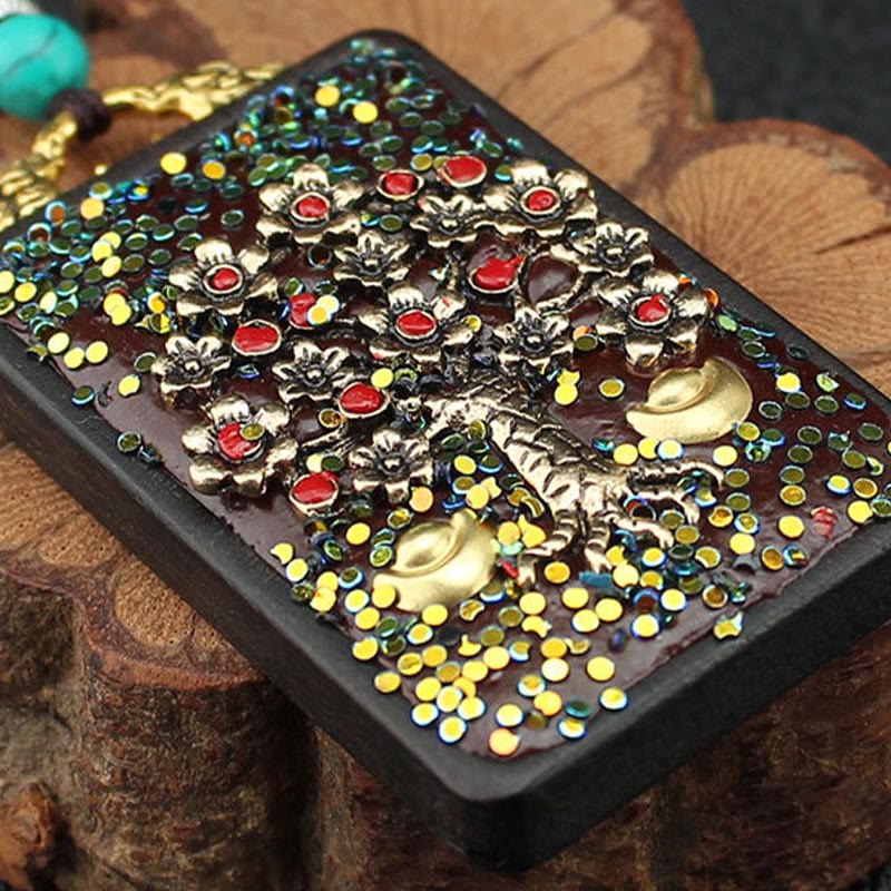 Buddha Stones Tibet Dieu de la richesse Arbre d'argent Phénix doré Thangka Collier pendentif en ébène pour la paix