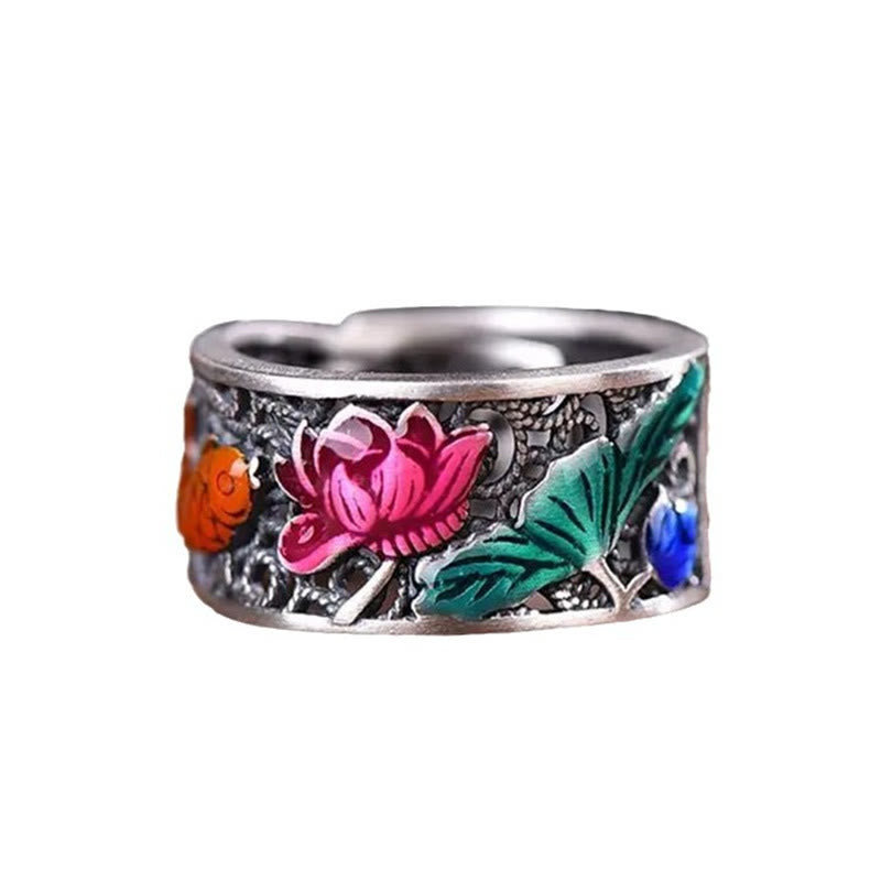 Bague porte-bonheur en cuivre et émail bleu avec Buddha Stones et cœur de lotus Sutra Koi