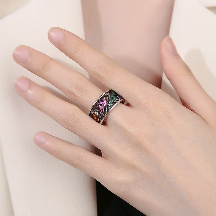 Bague porte-bonheur en cuivre et émail bleu avec Buddha Stones et cœur de lotus Sutra Koi
