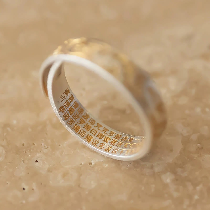 Bague Bouddha Stone en argent sterling 999 peinte à l'or avec motif de fleurs joyeuses et cœur paisible Sutra - image 2