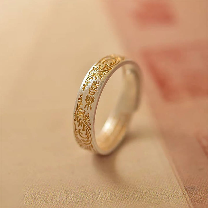 Bague Bouddha Stone en argent sterling 999 peinte à l'or avec motif de fleurs joyeuses et cœur paisible Sutra