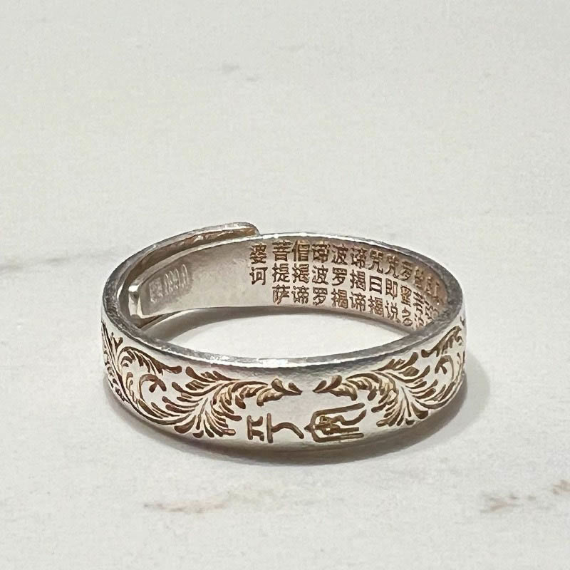 Bague Bouddha Stone en argent sterling 999 peinte à l'or avec motif de fleurs joyeuses et cœur paisible Sutra