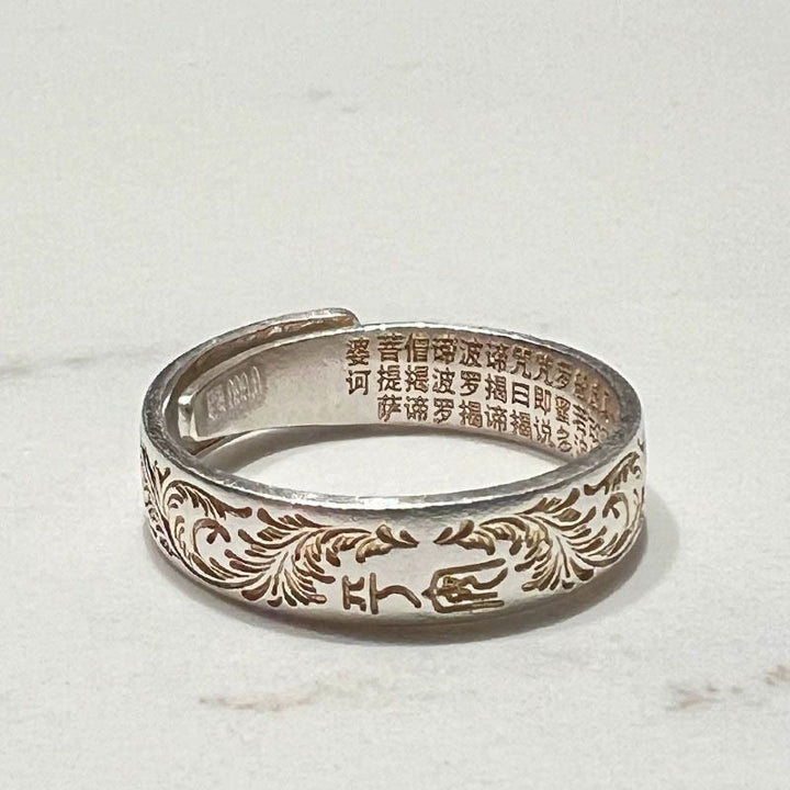 Bague Bouddha Stone en argent sterling 999 peinte à l'or avec motif de fleurs joyeuses et cœur paisible Sutra