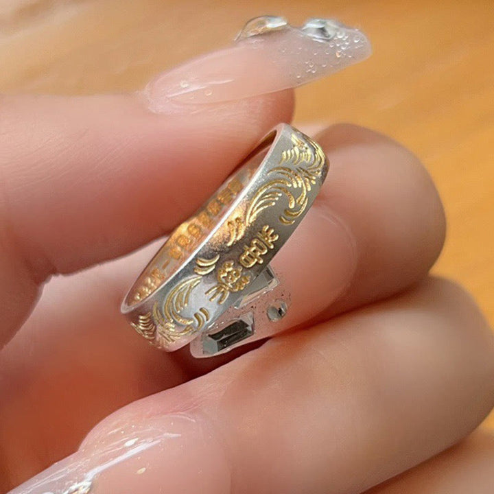 Bague Bouddha Stone en argent sterling 999 peinte à l'or avec motif de fleurs joyeuses et cœur paisible Sutra