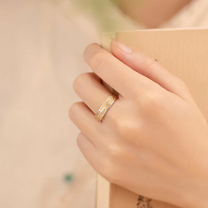 Bague Bouddha Stone en argent sterling 999 peinte à l'or avec motif de fleurs joyeuses et cœur paisible Sutra - image 4