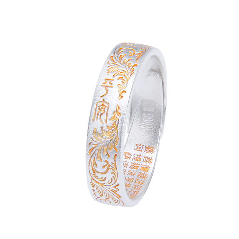 Bague Bouddha Stone en argent sterling 999 peinte à l'or avec motif de fleurs joyeuses et cœur paisible Sutra