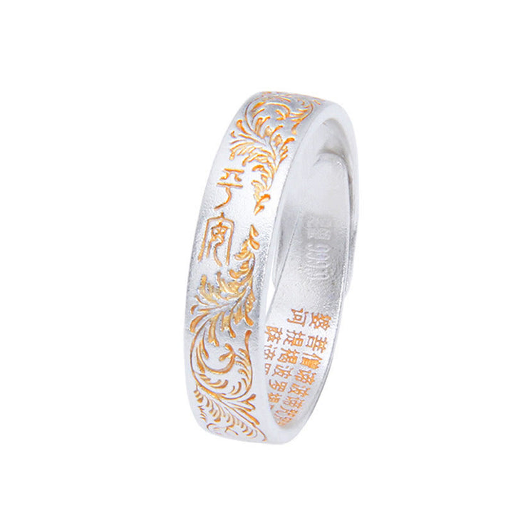 Bague Bouddha Stone en argent sterling 999 peinte à l'or avec motif de fleurs joyeuses et cœur paisible Sutra