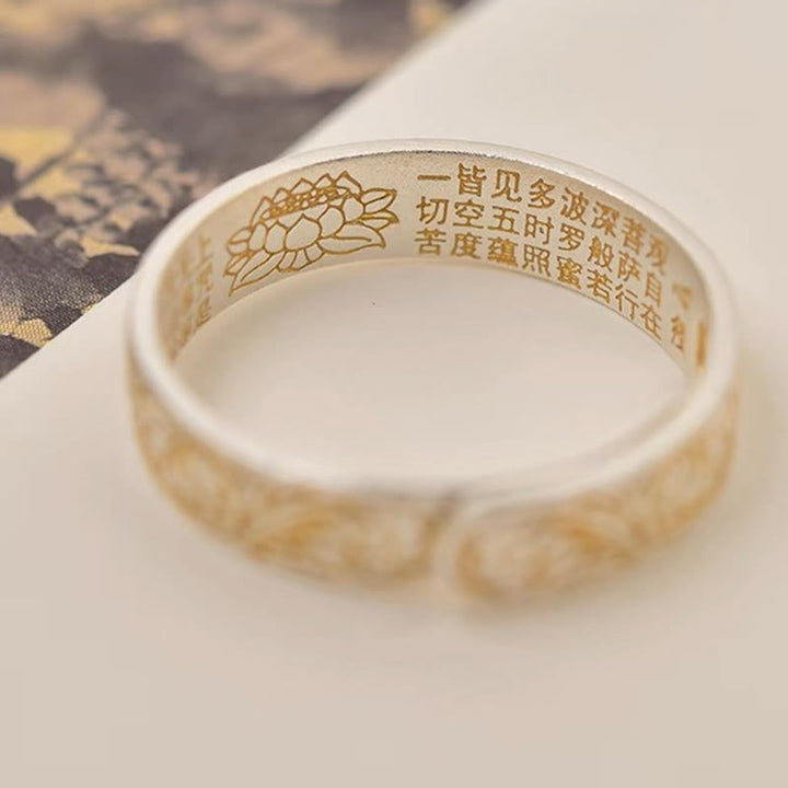 Bague Bouddha Stone en argent sterling 999 peinte à l'or avec motif de fleurs joyeuses et cœur paisible Sutra