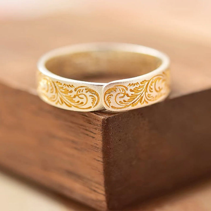 Bague Bouddha Stone en argent sterling 999 peinte à l'or avec motif de fleurs joyeuses et cœur paisible Sutra