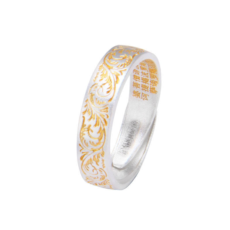 Bague Bouddha Stone en argent sterling 999 peinte à l'or avec motif de fleurs joyeuses et cœur paisible Sutra