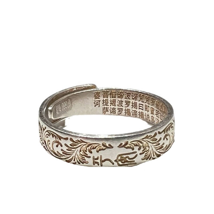 Bague Bouddha Stone en argent sterling 999 peinte à l'or avec motif de fleurs joyeuses et cœur paisible Sutra