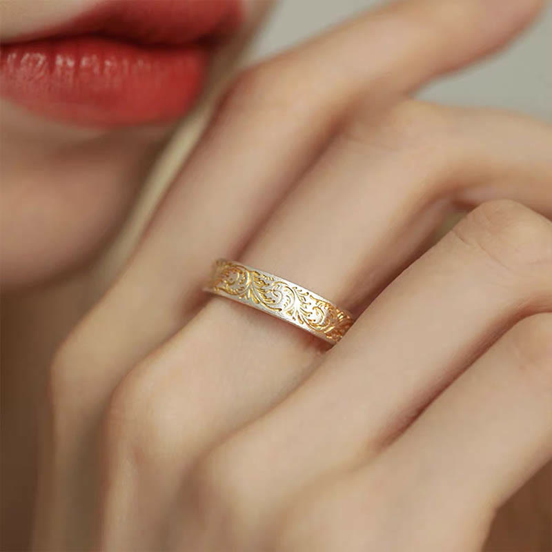 Bague Bouddha Stone en argent sterling 999 peinte à l'or avec motif de fleurs joyeuses et cœur paisible Sutra - image 10